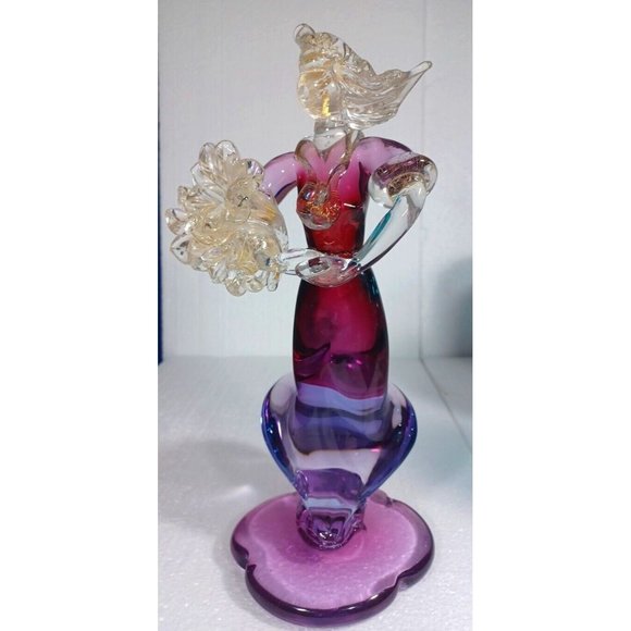Vintage XL Murano Glass Woman Flower Bouquet Figurine Green Purple Pink 24k Gold - Picture 11 of 14